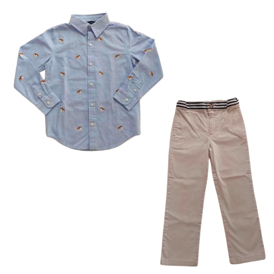 Baby-Blue Dress Shirt with Embroidered Puppies and Dress Pants Set - 5Y