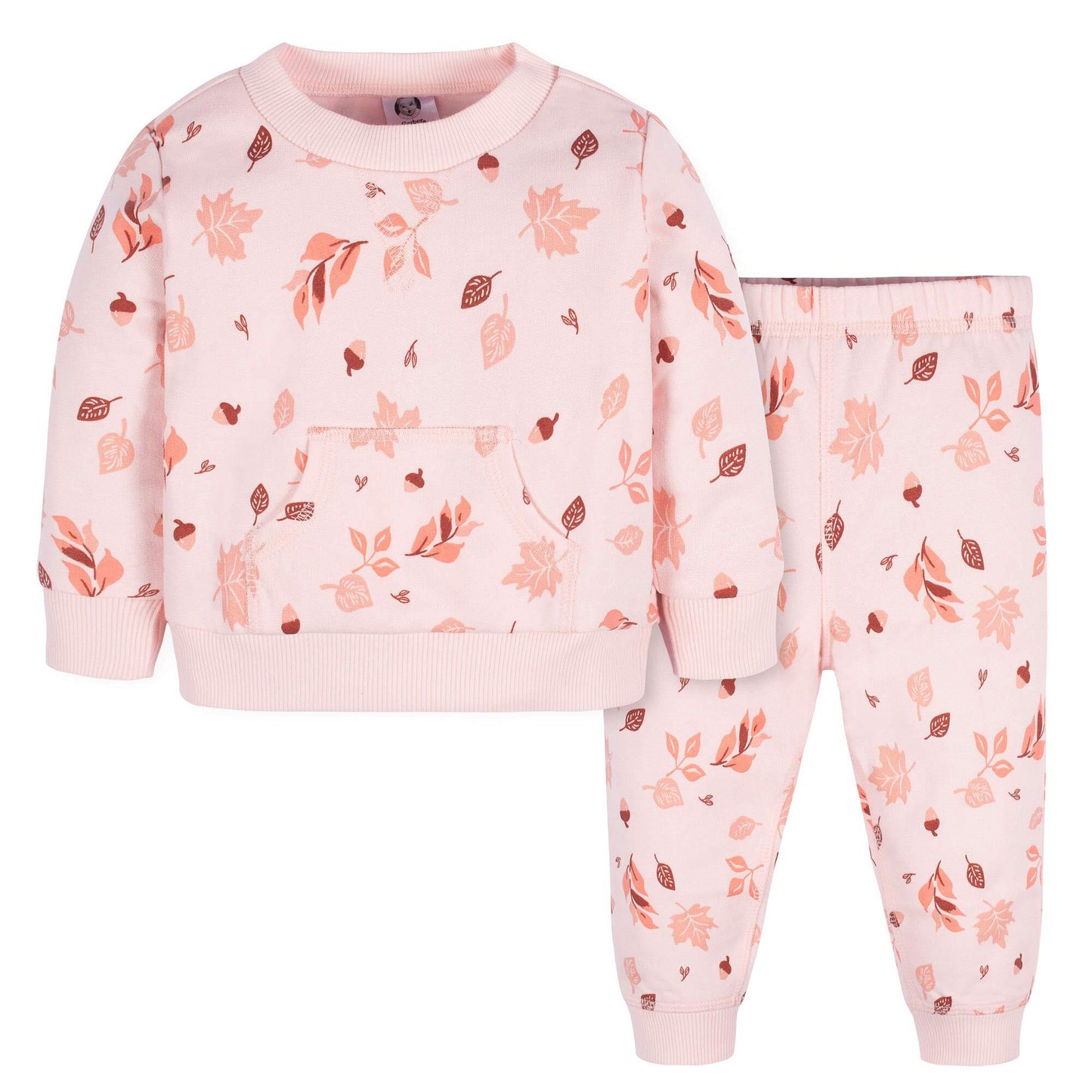 Girls Two Piece Pink Sweatshirt and Pant Set - Leaves