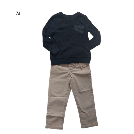 Black Dobby Pocket Long-Sleeve Shirt with Khaki Pants - 3T