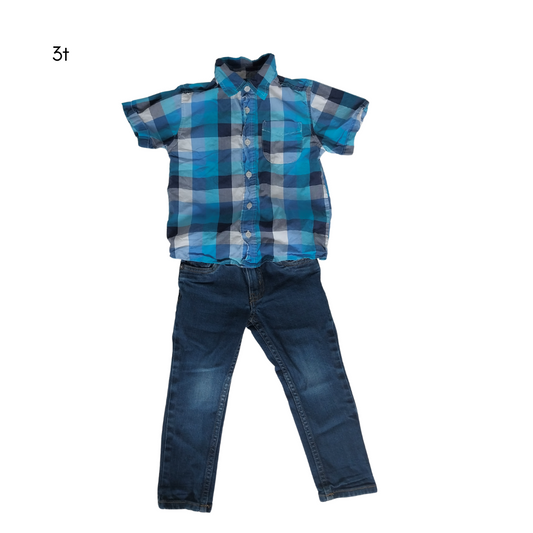 Blue Checkered Collar Button-Up Shirt with Jeans Set - 3T