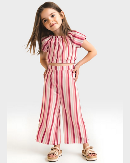 Girls Salmon Striped T-shirt & Pants Set